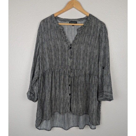 Cynthia Rowley Shirt Womens 1X Black White Striped Button Front Tunic Peplum Mb - Picture 1 of 6